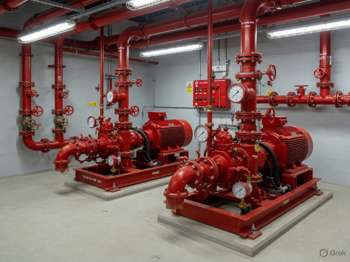 Red fire pumps and pipework in a wet riser pump room